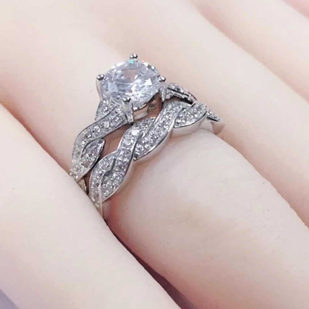 (Size7)New 2pc Wedding 925 Silver Ring